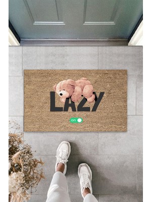 Dış ve Iç Mekan Bej Kapı Önü Paspası Lazy Ayıcık Desen Paspas