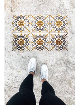 Dijital Baskı Kahverenk Dış ve Iç Mekan Çini Desen Kapı Önü Paspası