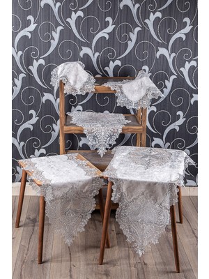 Teksev Efsun Çeyizlik Kapuçino Kadife Üzeri Gümüş Dantelli 5 Parça Salon Takımı Masa Örtüsü Runner Seti