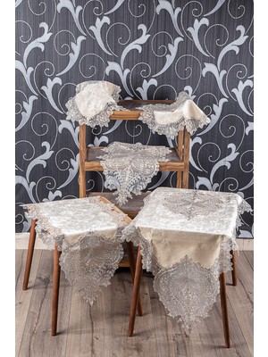 Teksev Efsun Çeyizlik Kapuçino Kadife Üzeri Vizon Dantelli 5 Parça Salon Takımı Masa Örtüsü Runner Seti