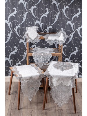 Teksev Efsun Çeyizlik Krem Kadife Üzeri Gümüş Dantelli 5 Parça Salon Takımı Masa Örtüsü Runner Seti