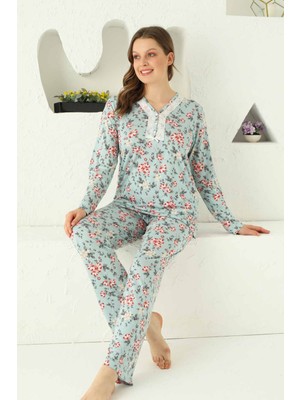 D Kit Boutique Büyük Beden Açık Mavi Çiçek Desenli Uzun Kollu Pijama Takımı