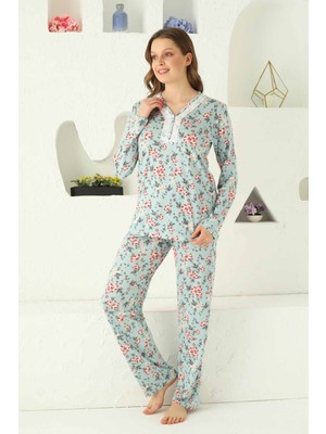 D Kit Boutique Büyük Beden Açık Mavi Çiçek Desenli Uzun Kollu Pijama Takımı