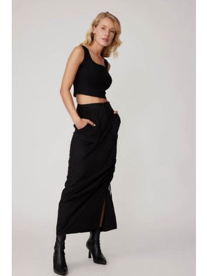 Vitrin Paraşüt Kumaş Önü Büzgülü Cepli Etek