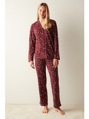 Gökyüzü Desenli Gömlek Pantolon Bordo Pijama Takımı