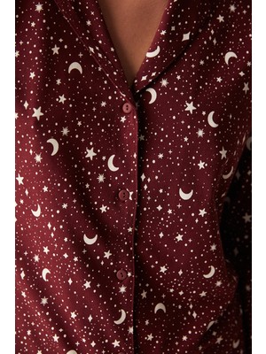 Gökyüzü Desenli Gömlek Pantolon Bordo Pijama Takımı