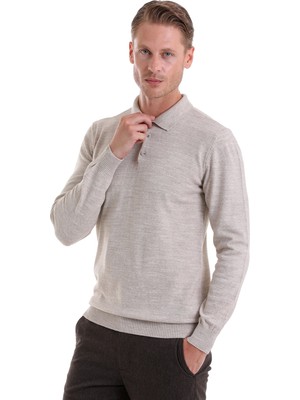 Hatemoğlu Bej Regular Fit Düz Polo Yaka Triko Kazak