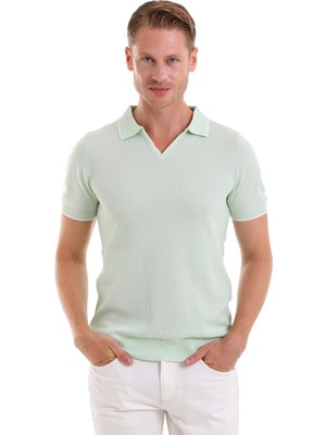 Hatem Saykı Mint Regular Fit Desenli Pamuklu Polo Yaka Casual Tişört