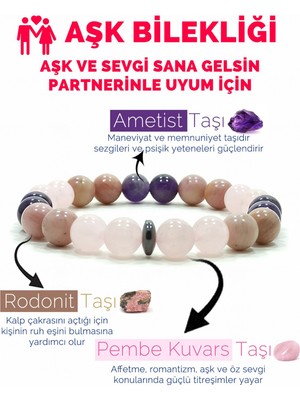 Nelleovana Aşk Bilekliği Pembe Kuvars Rodonit Ametist Doğal Taş Bileklik