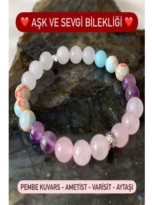 Nelleovana Doğal Taş Aşk ve Sevgi Bilekliği ( Pembe Kuvars - Ametist - Varisit - Aytaşı )
