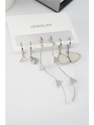 By Zeyna Aksesuar Kadın 6.5 cm Zigzag Sallantılı ve Üçgen Sedefli 6'lı Küpe Seti