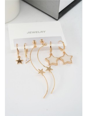 By Zeyna Aksesuar Kadın 6.5 cm Zigzag Sallantılı ve  Sedefli Yıldız Model 6'lı Küpe Seti