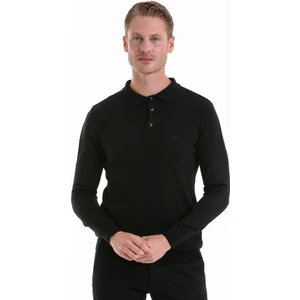 Siyah Regular Fit Düz Polo Yaka Triko Kazak