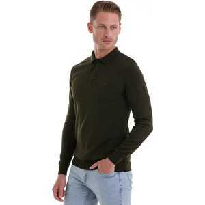 Haki Regular Fit Düz Polo Yaka Triko Kazak