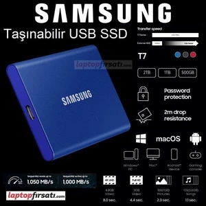 T7 2tb MU-PC2T0H/WW 1050MB-1000MB/SN USB 3.2 Gen2 Harici SSD Mavi 3 Yıl Samsung Turkıye Garantili