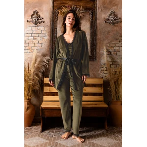 Kışlık Sabahlıklı Kadın Kadife Pijama Takımı- 3 Parça Çeyizlik Kadife Set