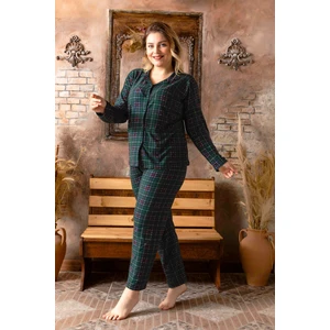 Büyük Beden Kışlık Düğmeli Ekose Desen Yılbaşı Temalı  Kadın Süet Pijama Takımı