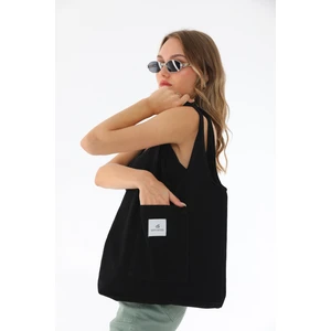 Bery Mood Siyah Kumaş Cepli Bez Kol & Omuz Çantası Ekru Bag Kanvas Iş Spor Günlük Plaj Model Yazlık 35X40