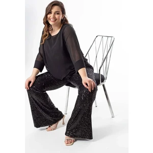 Moda Alba Siyah Yüksek Bel Ispanyol Paça Toparlayıcı Beli Lastikli Payetli Pullu Büyük Beden Pantalon