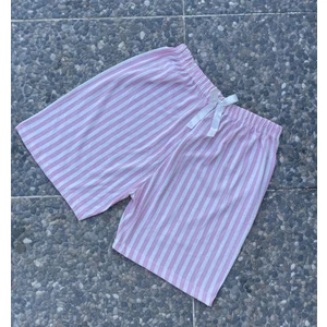 Kadın Dört Mevsim Yumuşak Basic Pamuklu Beli Lastikli Yüksek Bel Pijama Şort Somon Çizgili