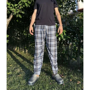 Erkek Pamuklu Cepsiz Ekose Desenli Pijama Altı Eşofman Süp Lacivert Beyaz