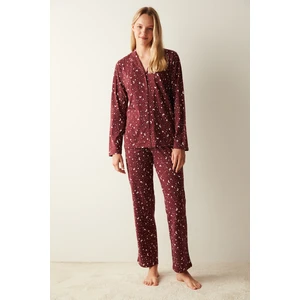 Gökyüzü Desenli Gömlek Pantolon Bordo Pijama Takımı