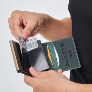 İsme Özel Hakiki Deri Akıllı Mekanizmalı Cüzdan RFID Korumalı Para ve Kart Bölmeli Erkek ve Kadın Cüzdan Kartlık Yeşil