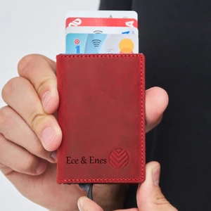 İsme Özel Hakiki Deri Akıllı Mekanizmalı Cüzdan RFID Korumalı Para ve Kart Bölmeli Erkek ve Kadın Cüzdan Kartlık Kırmızı