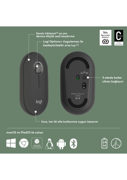 M350s Pebble 2 Bluetooth Kablosuz Sessiz Kompakt Mouse - Siyah