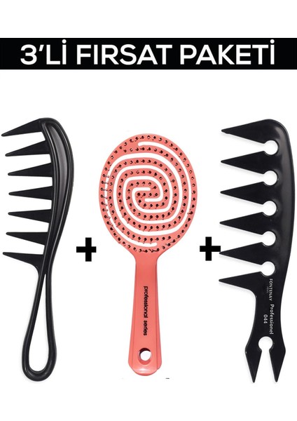 Profesyonel 3 Boyutlu Açma Tarama Tarak Saç Fırçası + Antistatik Tarak 043 Ve 044 3'Lü Set