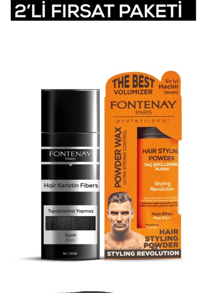 Saç Dolgunlaştırıcı Keratinfibers Siyah Topik Saç Tozu 50gr+Ultra Strong Toz Wax 2'Li Set