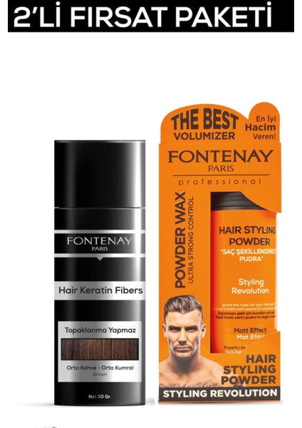 Saç Dolgunlaştırıcı Keratinfibers Orta Kahve Topik Saç Tozu 50gr+Ultra Strong Toz Wax 2'Li Set