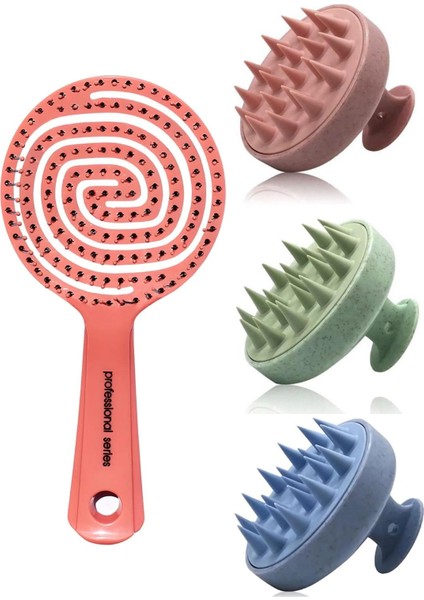 Fontenay 3 Boyutlu Saç Fırçası Ve Saçaçmatarağı Silikon Saç Tarağı Mavi , Pembe , Yeşil 4'Lü Set