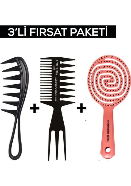 Profesyonel 3 Boyutlu Açma Tarama Tarak Saç Fırçası + Antistatik Tarak 043 Ve 034 3'Lü Set