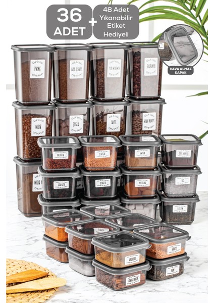 36'lı Kare Bakliyat Saklama Kabı Etiketli Erzak Kabı Kahvaltılık Baharatlık 12X(300-500-1100 Ml)