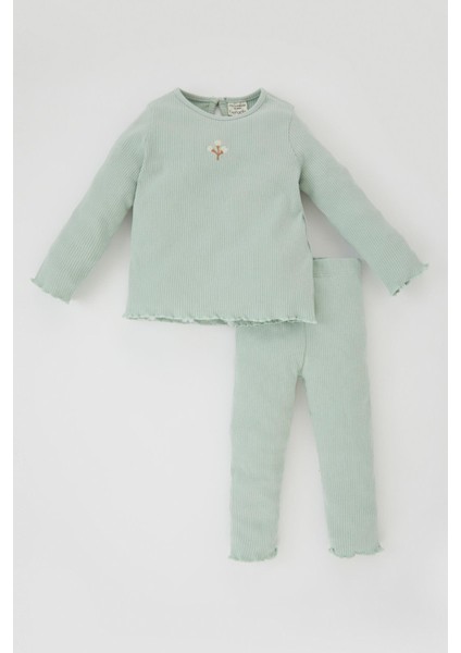 Kız Bebek Çiçekli Fitilli Kaşkorse Uzun Kollu Tişört Tayt 2'li Takım Y1122A223AU fırsatları