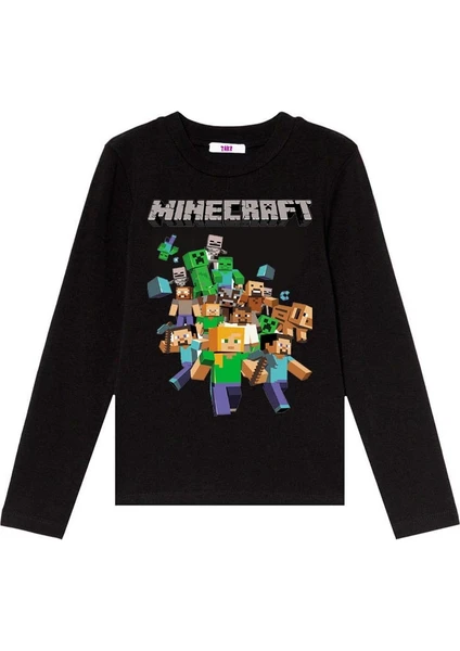 Minecraft Uzun Kol Çocuk Tişört Yeni Sezon Siyah