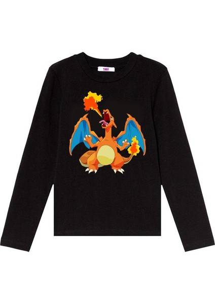 Pokemon Charizard Uzun Kol Çocuk Tişört Siyah