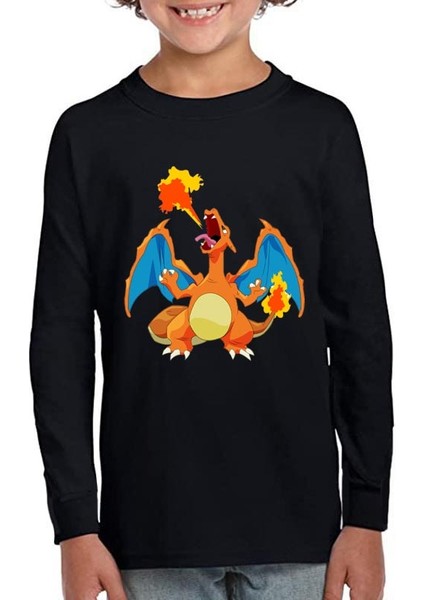 Pokemon Charizard Uzun Kol Çocuk Tişört Siyah