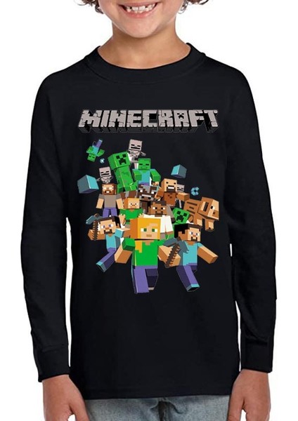 Minecraft Uzun Kol Çocuk Tişört Yeni Sezon Siyah fiyatları