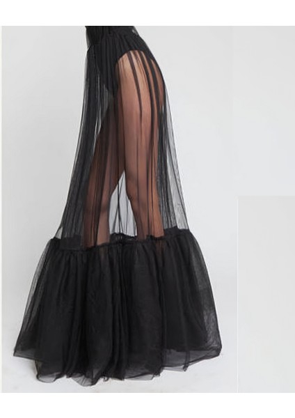 Şeffaf Tek Katmanlı Siyah Maxi Etek Siyah Uzun Astarsız A-Line Tül Etek fiyatları