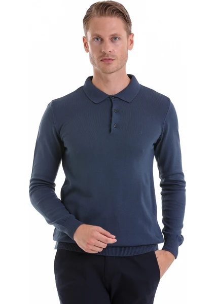 Indigo Regular Fit Düz Polo Yaka Triko Kazak