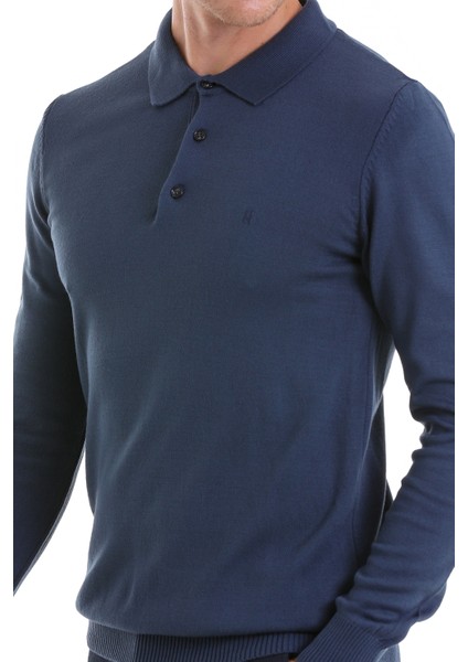 Indigo Regular Fit Düz Polo Yaka Triko Kazak