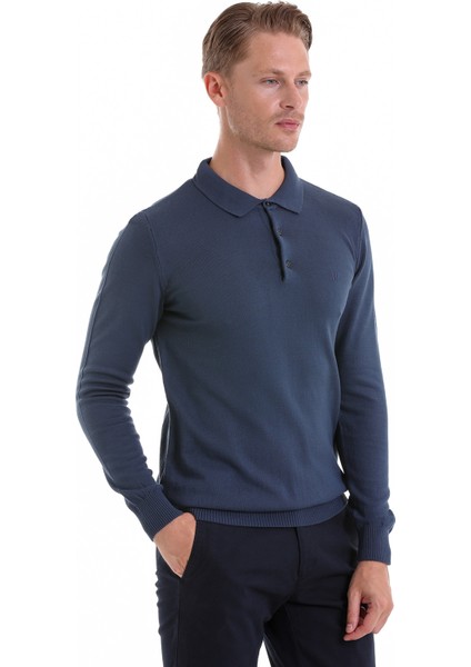 Indigo Regular Fit Düz Polo Yaka Triko Kazak