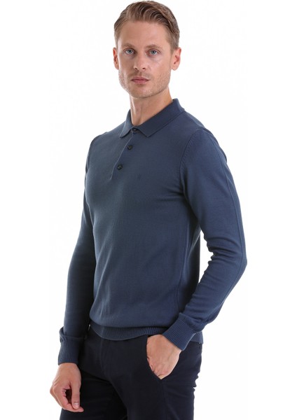 Indigo Regular Fit Düz Polo Yaka Triko Kazak