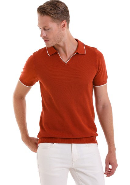 Kiremit Regular Fit Desenli Pamuklu Polo Yaka Casual Tişört