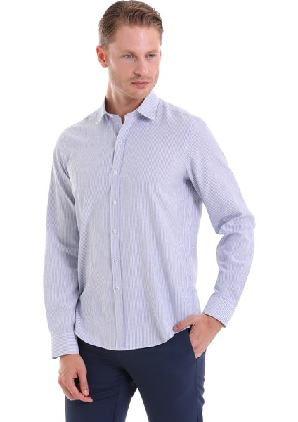 Lacivert Ç. Comfort Fit Çizgili Pamuklu Slim Yaka Uzun Kollu Spor Gömlek