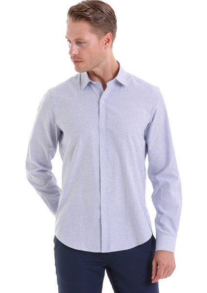 Lacivert Ç. Comfort Fit Çizgili Pamuklu Slim Yaka Uzun Kollu Spor Gömlek modelleri