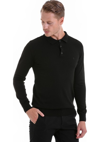 Siyah Regular Fit Düz Polo Yaka Triko Kazak