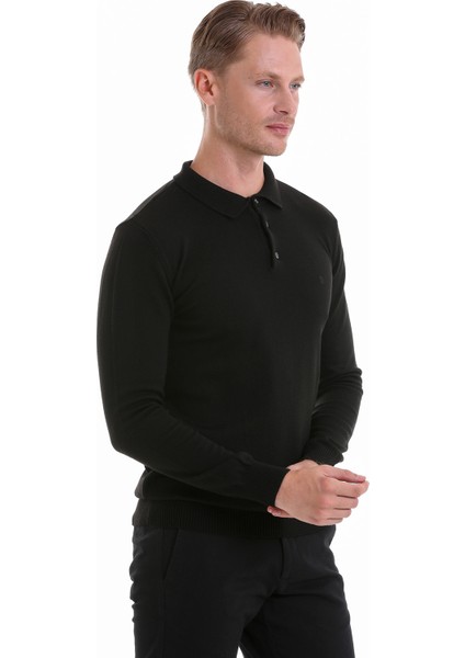 Siyah Regular Fit Düz Polo Yaka Triko Kazak